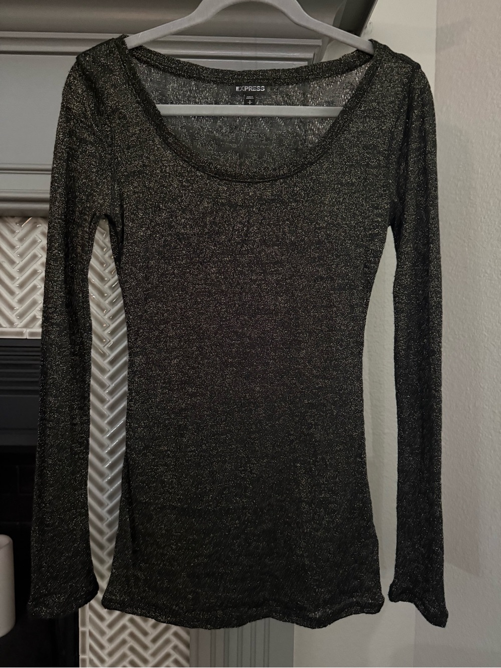 Express Women's Black Metallic Long Sleeve Scoop Neck Top